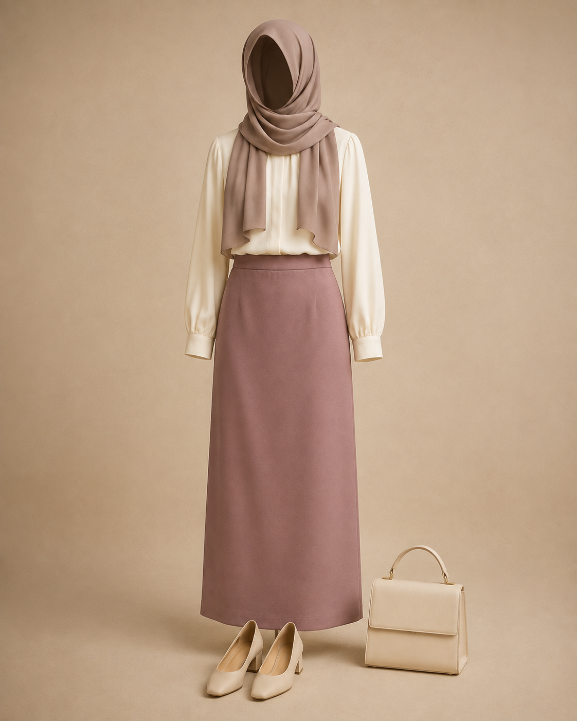 Illustration of the blouse tucked into the mauve skirt with hijab, heels and bag.